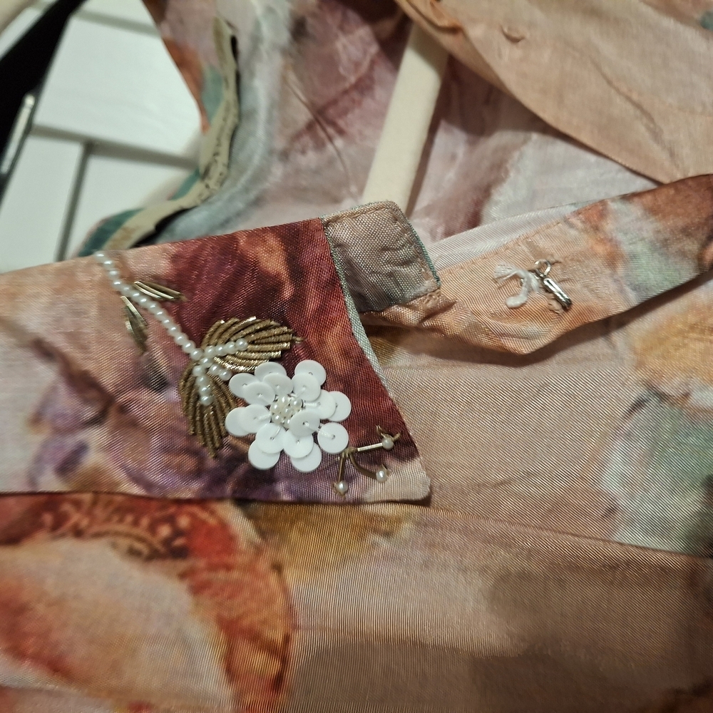 Saynonee Cream and Green 3/4 Sleeve Midi Sundress Sz M Beaded Embroidery Collar - Picture 3 of 8
